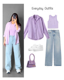 Lavender Button-Down Shirt, White Crop Top & Blue Wide-Leg Pants – Casual 3-Piece Co-Ord Set