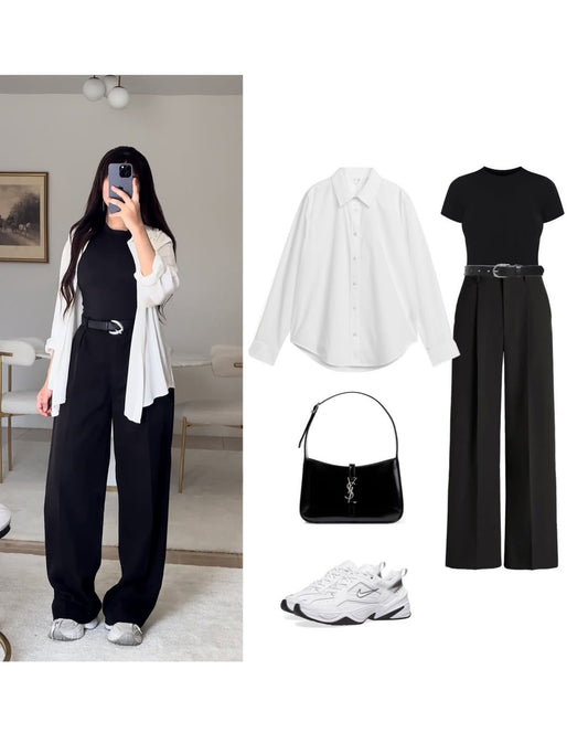 White Button-Down Shirt, Black Crop Top & Black Wide-Leg Pants – Classic Everyday Co-Ord Set