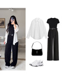 White Button-Down Shirt, Black Crop Top & Black Wide-Leg Pants – Classic Everyday Co-Ord Set