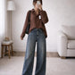 Brown Button-Down Shirt with Black Wide-Leg Pants Set