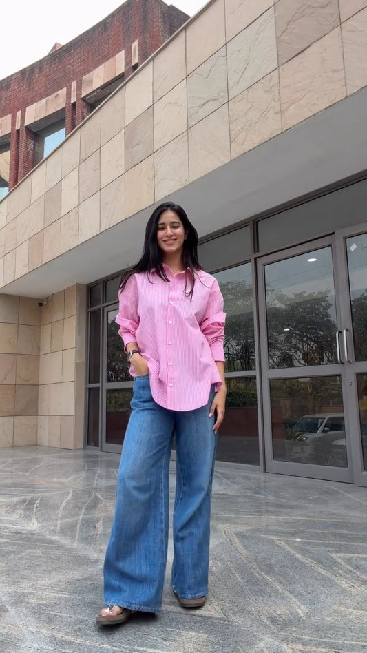 2-piece stripped button down shirt and  wide leg pants combo