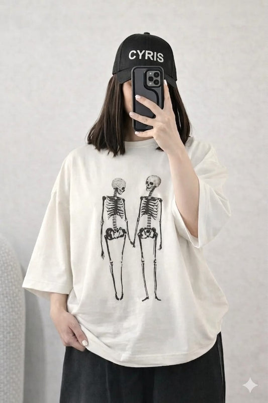 White Skeleton Graphic Drop Shoulder T-Shirt – Oversized Streetwear Tee