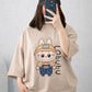 Oversized Drop Shoulder Graphic T-Shirt – Beige Cute Labubu Doll Print