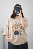 Oversized Drop Shoulder Graphic T-Shirt – Beige Cute Labubu Doll Print