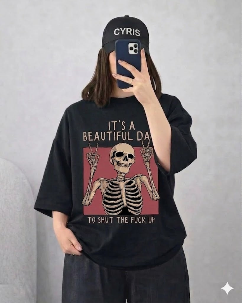 Black Skeleton Quote Drop Shoulder T-Shirt – Oversized Streetwear Tee