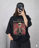 Black Skeleton Quote Drop Shoulder T-Shirt – Oversized Streetwear Tee