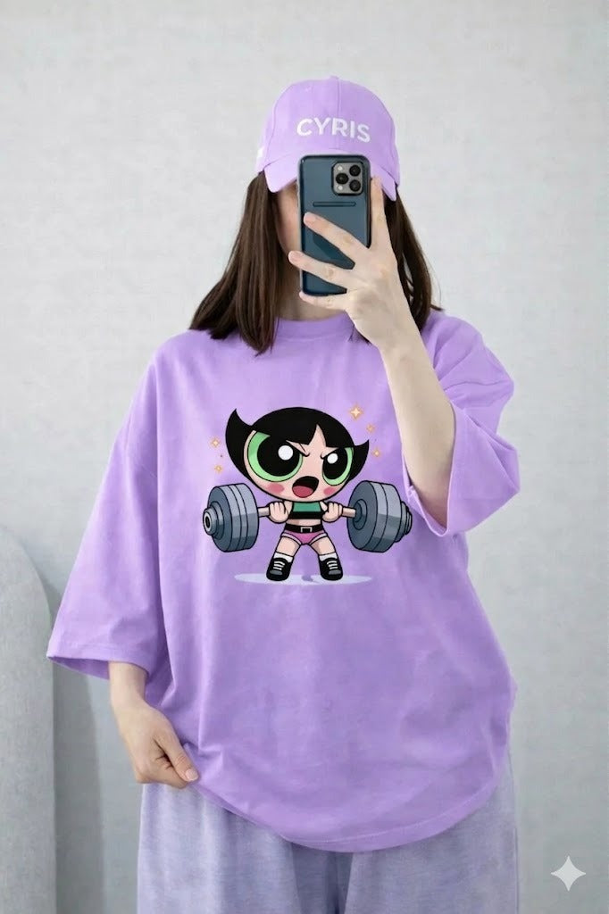 Oversized Drop Shoulder Graphic T-Shirt – Lavender Powerpuff Girl Print