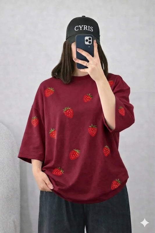 Maroon Strawberry Graphic Drop Shoulder T-Shirt – Bold Casual Oversized Tee