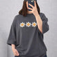 Oversized Drop Shoulder Graphic T-Shirt – Charcoal Grey  Floral Stripe Print