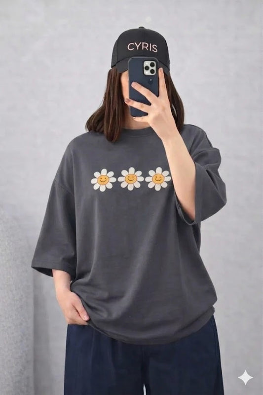 Oversized Drop Shoulder Graphic T-Shirt – Charcoal Grey  Floral Stripe Print
