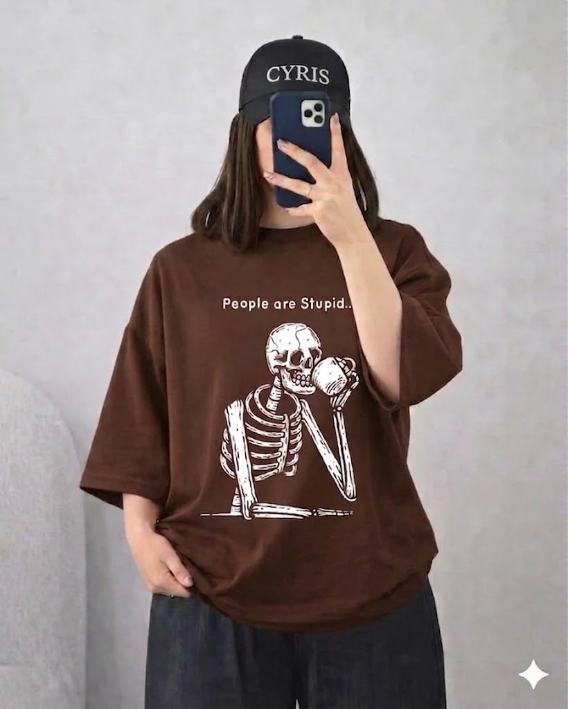 Brown Skeleton Graphic Drop Shoulder T-Shirt – Casual Loose Fit Tee