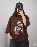Brown Skeleton Graphic Drop Shoulder T-Shirt – Casual Loose Fit Tee