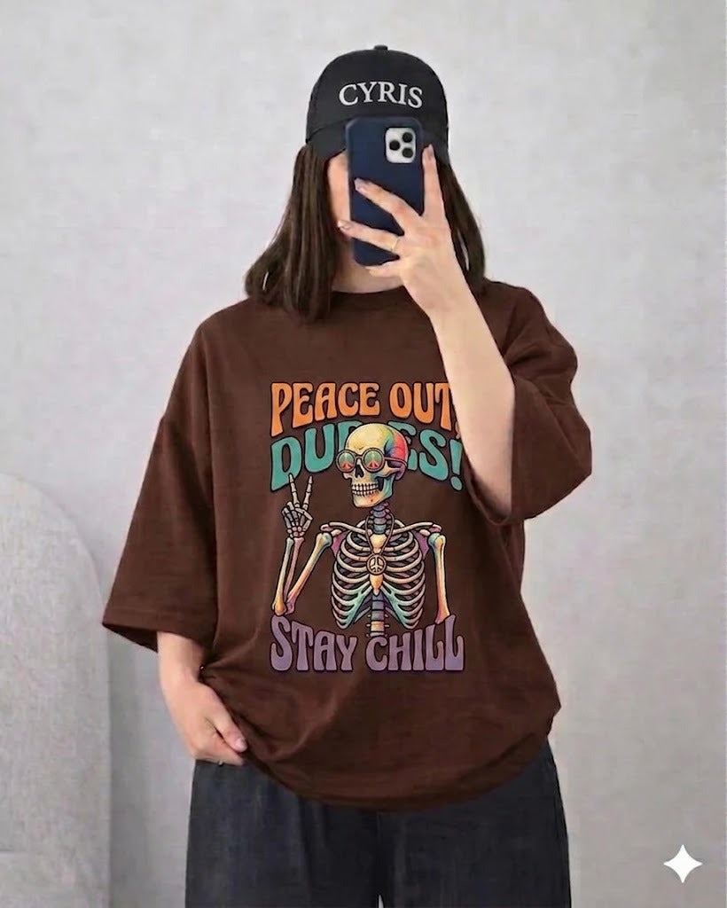 Dark Brown “Peace Out” Skeleton Drop Shoulder T-Shirt – Aesthetic Oversized Tee