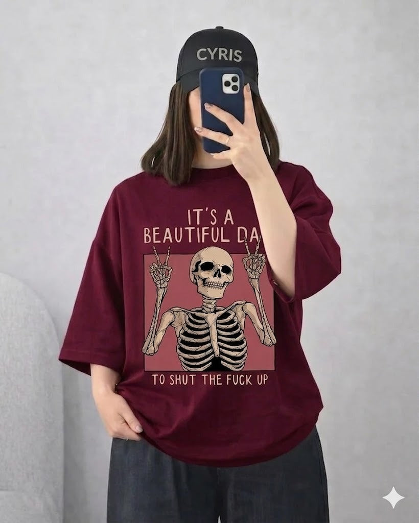 Burgundy Skeleton Quote Drop Shoulder T-Shirt – Oversized Streetwear Tee