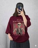Burgundy Skeleton Quote Drop Shoulder T-Shirt – Oversized Streetwear Tee