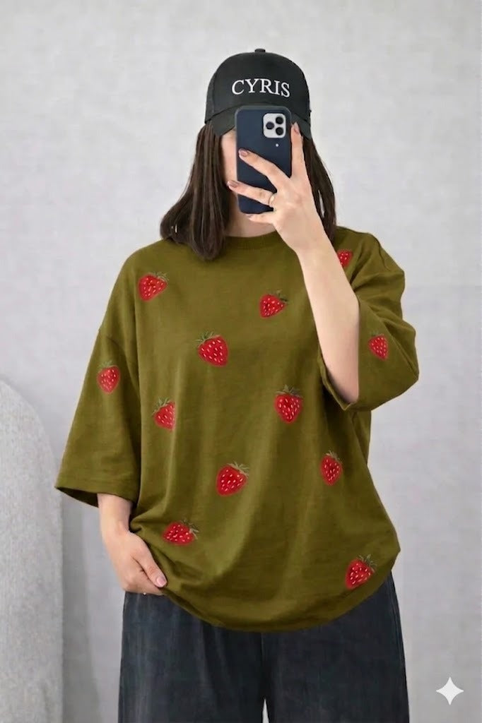 Olive Green Strawberry Drop Shoulder T-Shirt – Aesthetic Loose Fit Tee