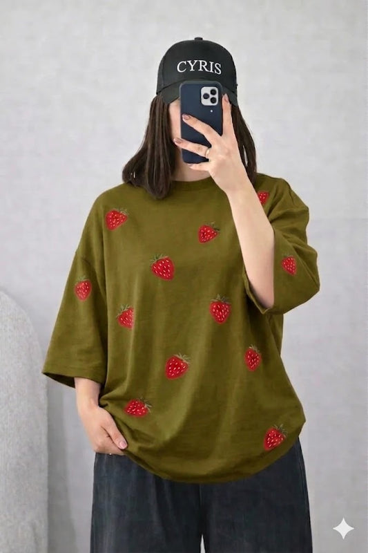 Olive Green Strawberry Drop Shoulder T-Shirt – Aesthetic Loose Fit Tee