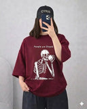 Maroon Skeleton Couple Drop Shoulder T-Shirt – Trendy Oversized Tee