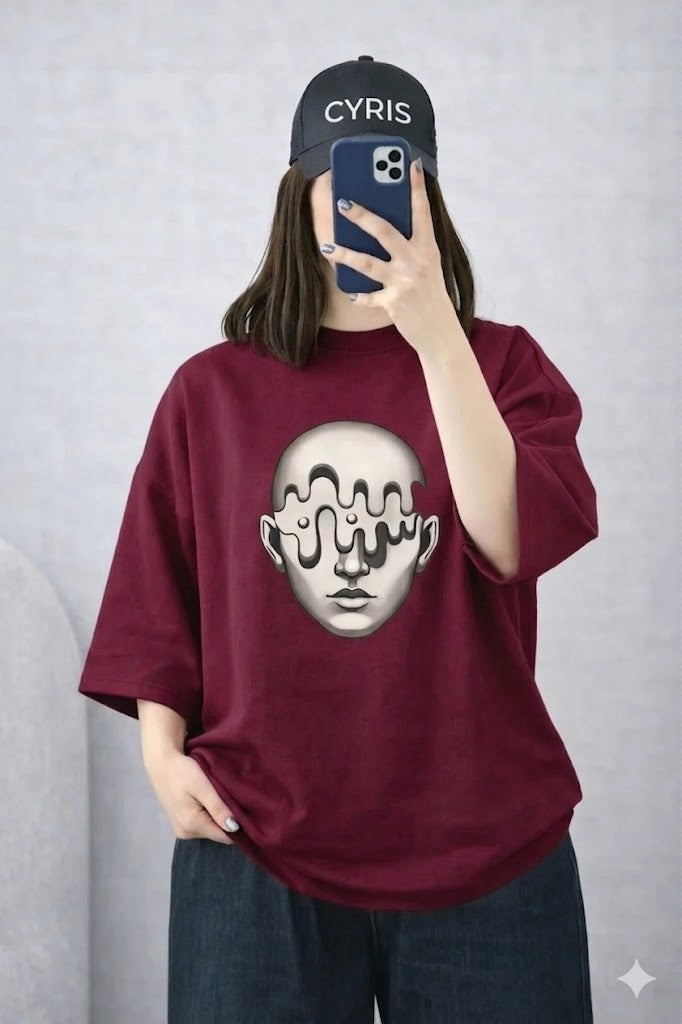 Burgundy Face Graphic Drop Shoulder T-Shirt – Relaxed Fit Casual Tee