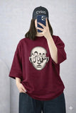 Burgundy Face Graphic Drop Shoulder T-Shirt – Relaxed Fit Casual Tee