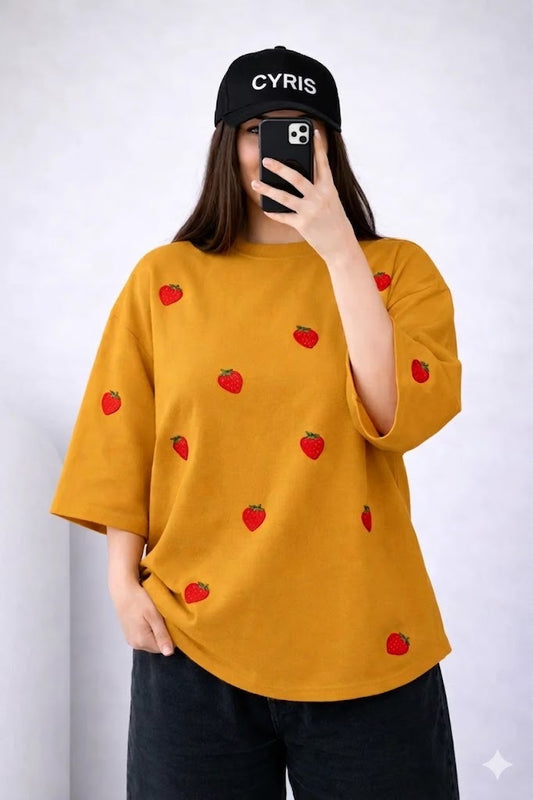 Mustard Strawberry Print Drop Shoulder T-Shirt – Cute Oversized Summer Tee