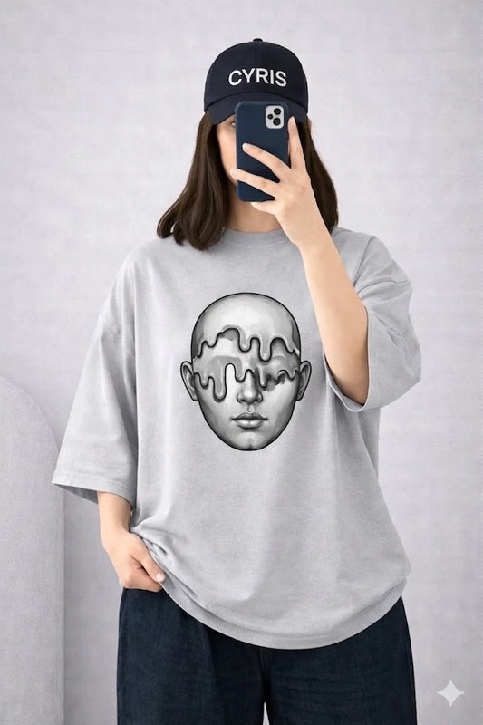 Grey Face Graphic Drop Shoulder T-Shirt – Minimal Oversized Casual Tee