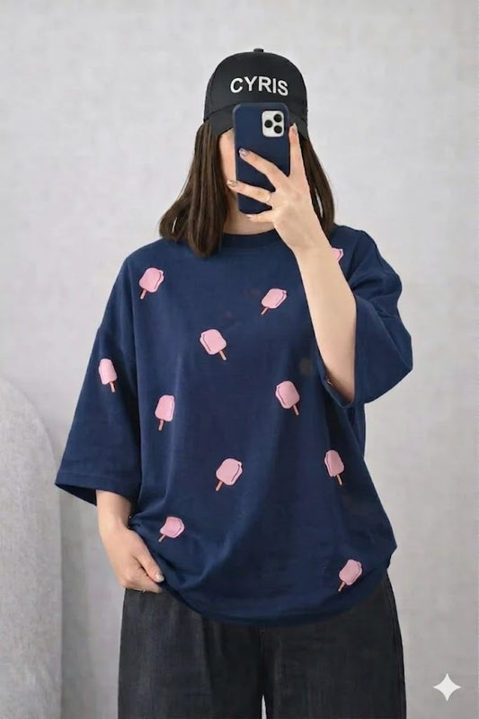 Oversized Drop Shoulder Graphic T-Shirt – Navy Blue Ice cream Print