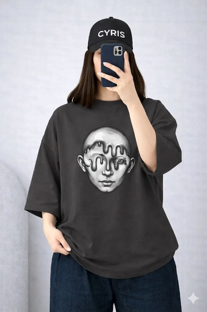 Black Face Print Drop Shoulder T-Shirt – Trendy Streetwear Oversized Tee