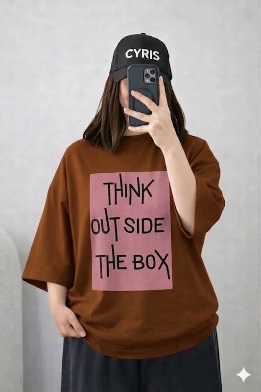 Oversized Drop Shoulder Graphic T-Shirt – Brown “Think Outside The Box” Print