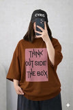 Oversized Drop Shoulder Graphic T-Shirt – Brown “Think Outside The Box” Print