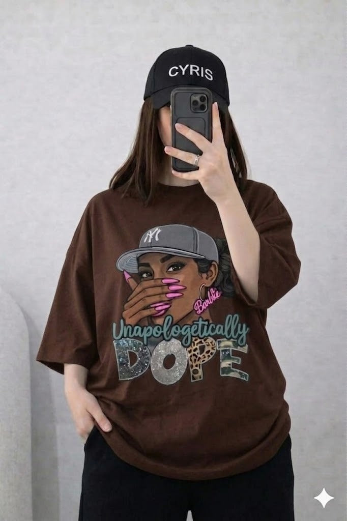 Oversized Drop Shoulder Graphic T-Shirt – Brown Cartoon Girl Print