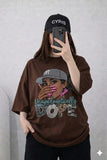 Oversized Drop Shoulder Graphic T-Shirt – Brown Cartoon Girl Print