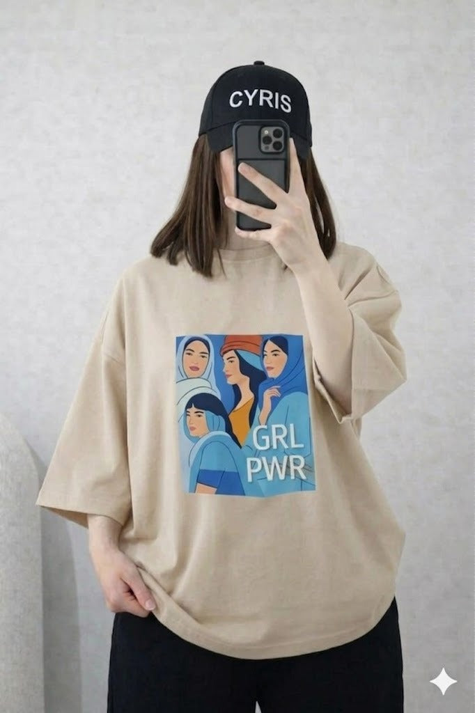 Oversized Drop Shoulder Graphic T-Shirt – Beige “Girl Power” Print