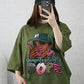 Oversized Drop Shoulder Graphic T-Shirt – Olive Green Cartoon Girl Print