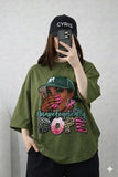Oversized Drop Shoulder Graphic T-Shirt – Olive Green Cartoon Girl Print