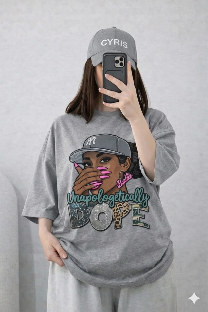 Oversized Drop Shoulder Graphic T-Shirt – Grey Cartoon Girl Print