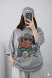 Oversized Drop Shoulder Graphic T-Shirt – Grey Cartoon Girl Print
