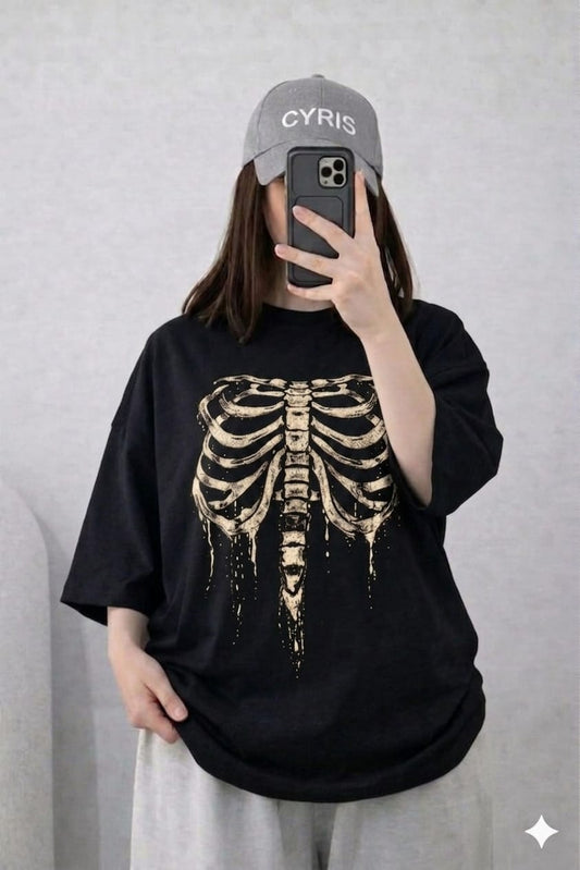 Oversized Drop Shoulder Graphic T-Shirt – Black Skeleton Print