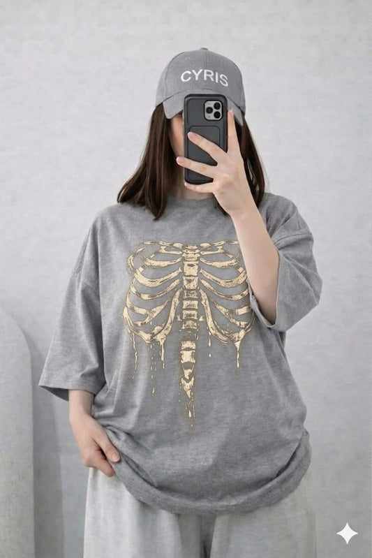 Oversized Drop Shoulder Graphic T-Shirt – Grey Skeleton Print