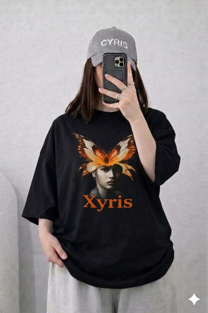 Oversized Drop Shoulder Graphic T-Shirt – Black Butterfly “Xyris” Print