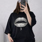 Oversized Drop Shoulder Graphic T-Shirt – Black Lips Print