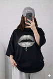 Oversized Drop Shoulder Graphic T-Shirt – Black Lips Print