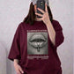 Oversized Drop Shoulder Graphic T-Shirt – Dark Maroon Lips Frame Print