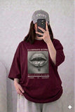 Oversized Drop Shoulder Graphic T-Shirt – Dark Maroon Lips Frame Print