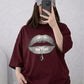 Oversized Drop Shoulder Graphic T-Shirt – Maroon Lips Print