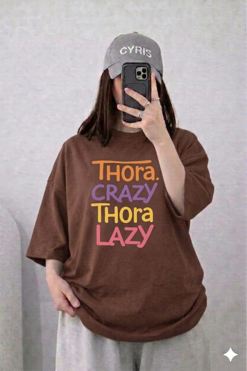 Oversized Drop Shoulder Graphic T-Shirt – Brown “Thodi Crazy Thodi Lazy” Print