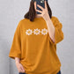 Oversized Drop Shoulder Graphic T-Shirt – Mustard Floral Stripe Print
