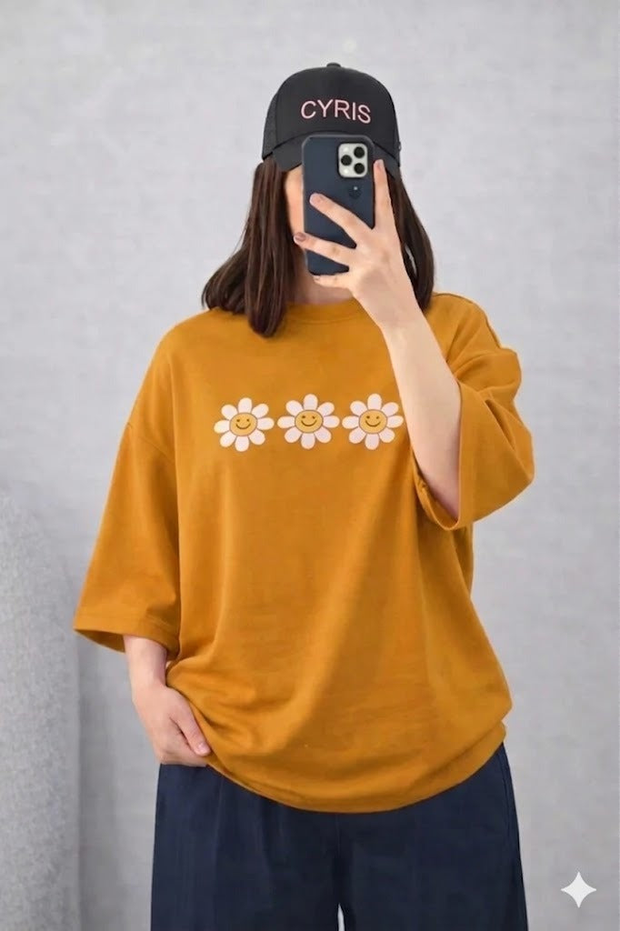 Oversized Drop Shoulder Graphic T-Shirt – Mustard Floral Stripe Print