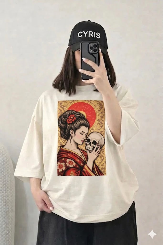 Oversized Drop Shoulder Graphic T-Shirt – Beige Japanese Art Print
