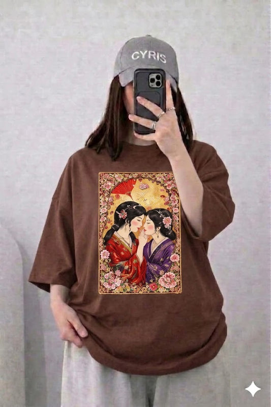 Oversized Drop Shoulder Graphic T-Shirt – Brown Japanese Couple Art Print